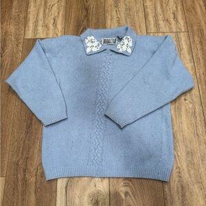 Vintage Tarzillia M Light Blue Crew Neck Sweater Lace Collar & Shoulder Pars
